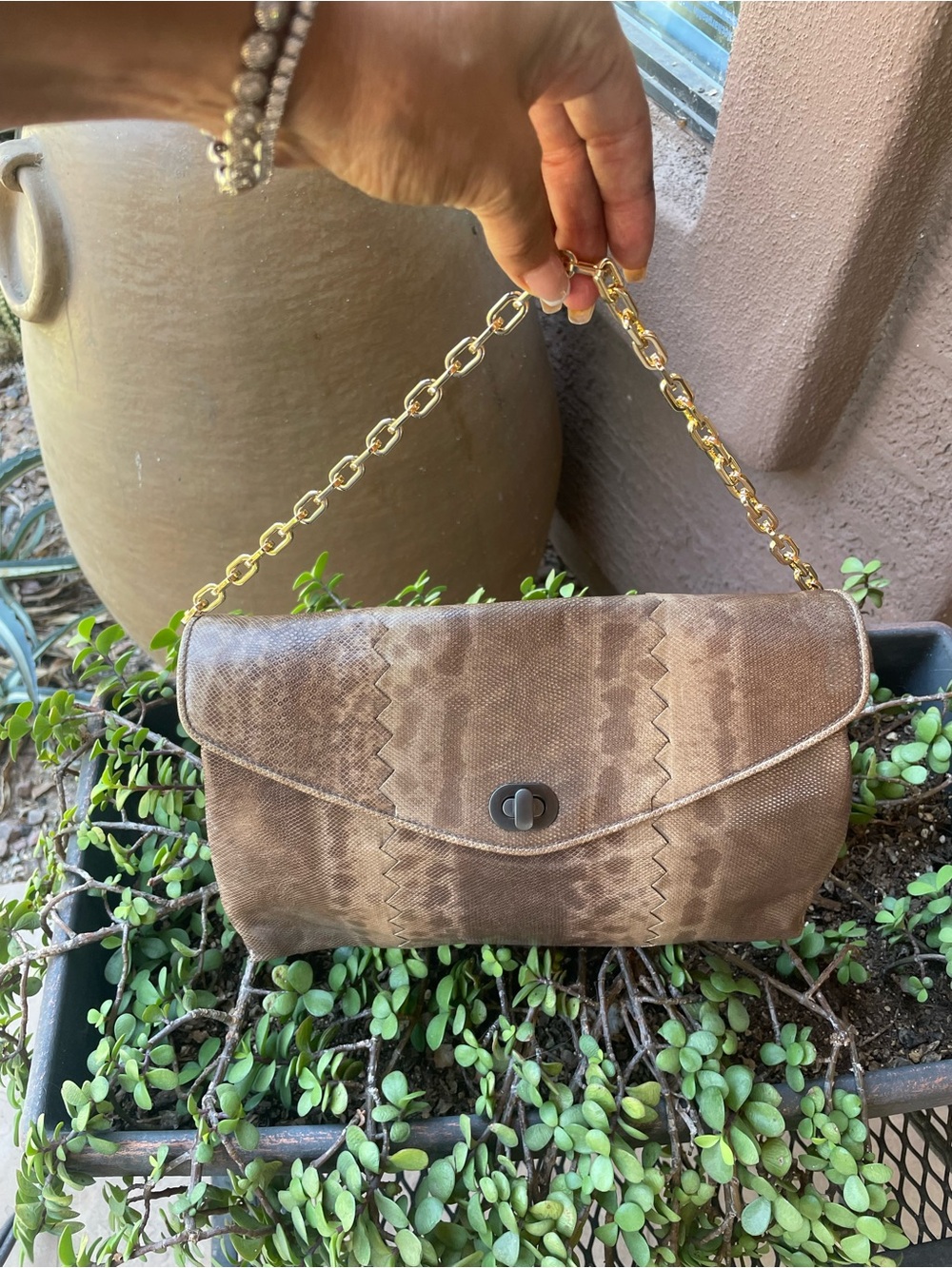 Stylish Brown lizard Bottega Veneta Print clutch Bag